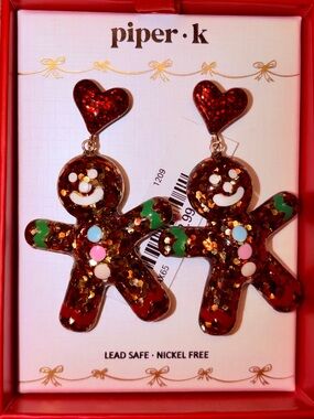 NIB Piper.k Sparkling Gingerbread Dangle Earrings - Red with Multicolor Accents